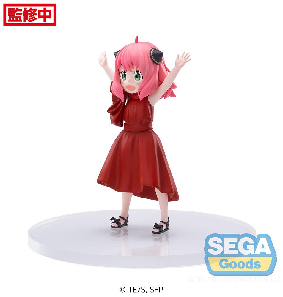 Side profile showcasing Anya's red dress and raised arms.
