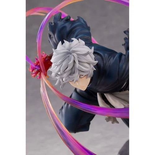 Overhead angled close-up of Gabimaru’s dynamic pose, highlighting his silver hair and energy trails.
