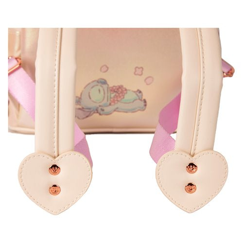 Close-up of Loungefly Lilo & Stitch backpack showcasing faux leather material and embossed details.