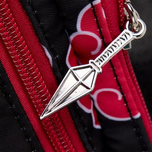 Loungefly Naruto Akatsuki sling bag with all-over red cloud design and metal charm.
