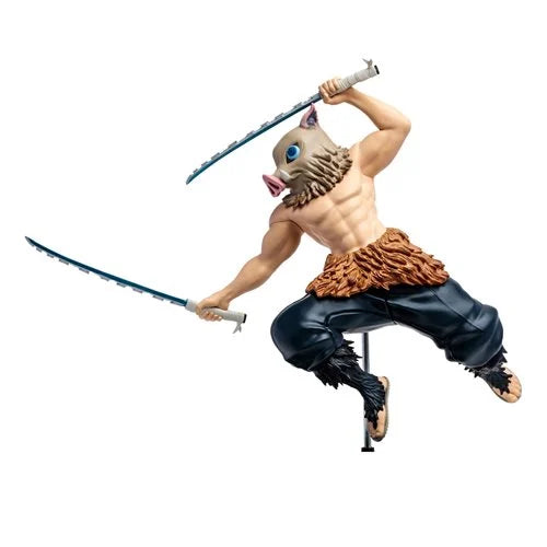 Side view of 12-inch scale Inosuke Hashibira figure, showcasing anime-accurate detailing.