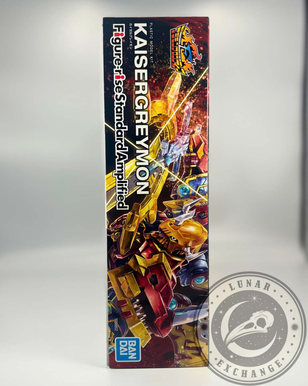Right side panel view of the KaiserGreymon model kit box with extended product art and Digimon Frontier branding.
