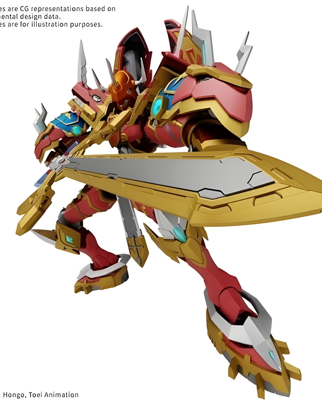 Full-body CG illustration of the KaiserGreymon Amplified model showcasing battle stance, dual swords, and armored detailing.
