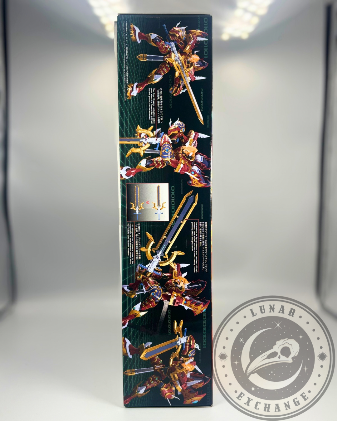 Box panel showing multiple dynamic action poses of KaiserGreymon model with blade accessories and articulation points highlighted.