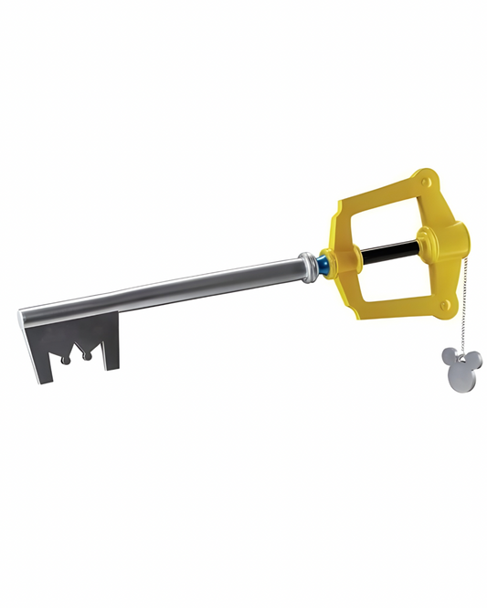 Full side view of Sora’s 32-inch Keyblade replica featuring silver blade, yellow guard, black handle, and attached silver Mickey Mouse keychain.