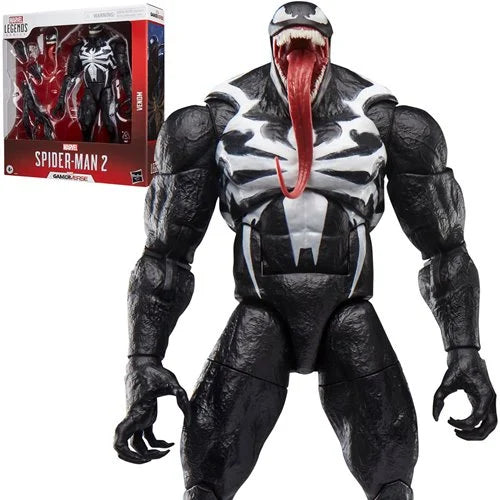 Gamerverse Venom action figure posed with original Spider-Man 2 Marvel Legends box