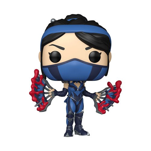 Kitana Funko Pop! figure from Mortal Kombat 11, wearing a blue ninja outfit and holding blood fans.