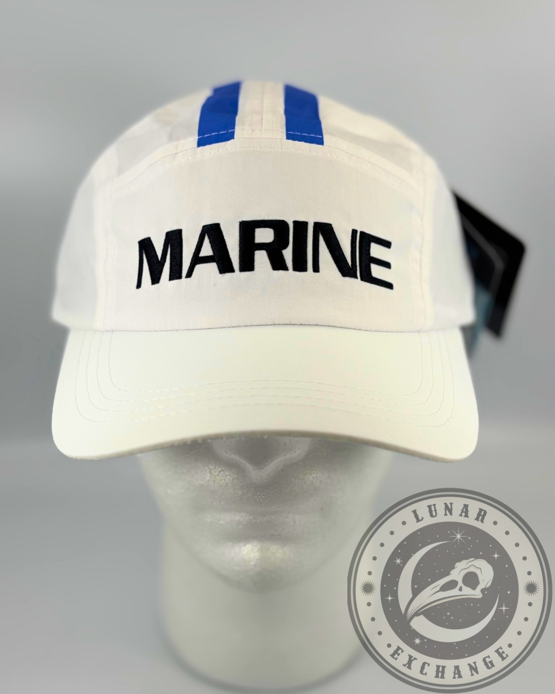 One Piece Marine cap displayed on a mannequin head, featuring “MARINE” text and Lunar Exchange watermark.