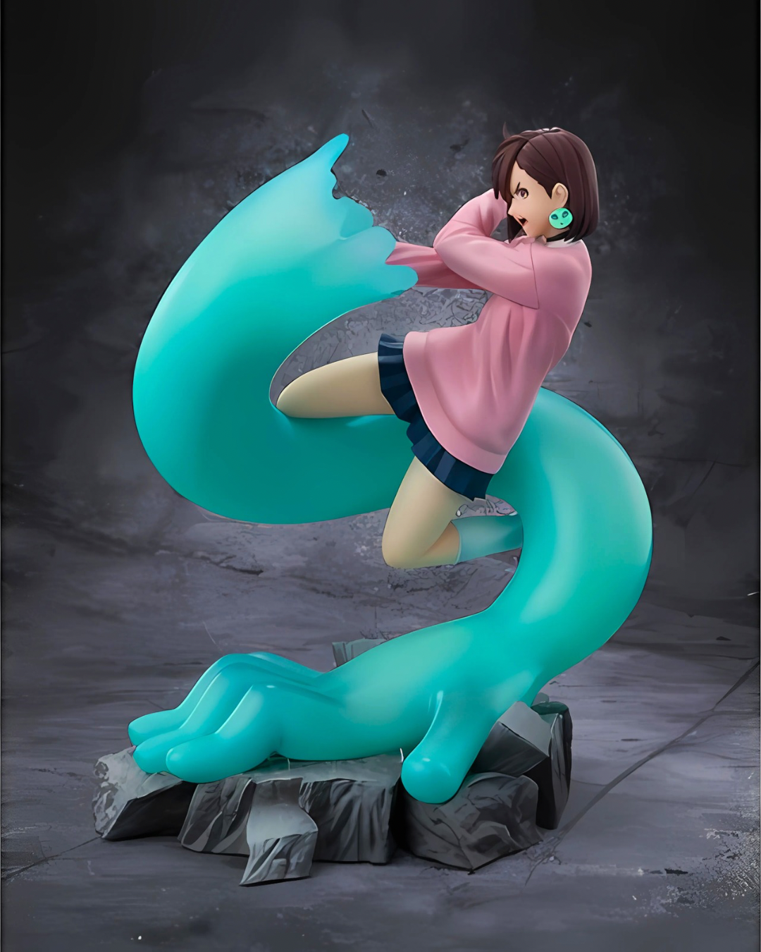 Side profile of the Momo Ayase FiguartsZERO statue showing the flow and motion of the translucent blue specter hand.