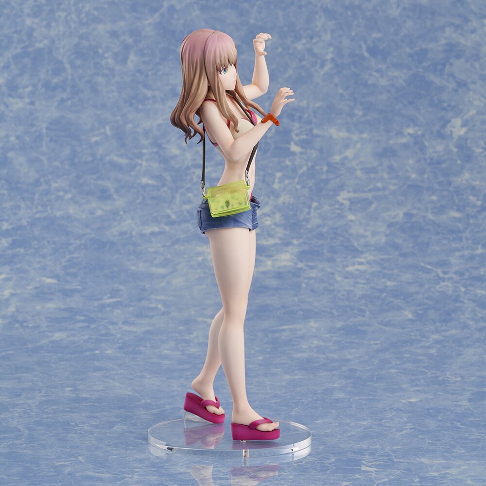 Side profile of Yume Minami figure showing her raised arms, yellow crossbody bag, and detailed sculpt of her beach outfit.