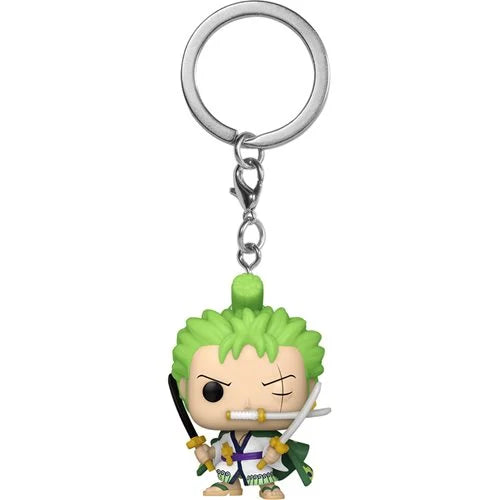 Close-up of Pocket Pop! Zoro keychain with iconic green hair and swordsman stance.