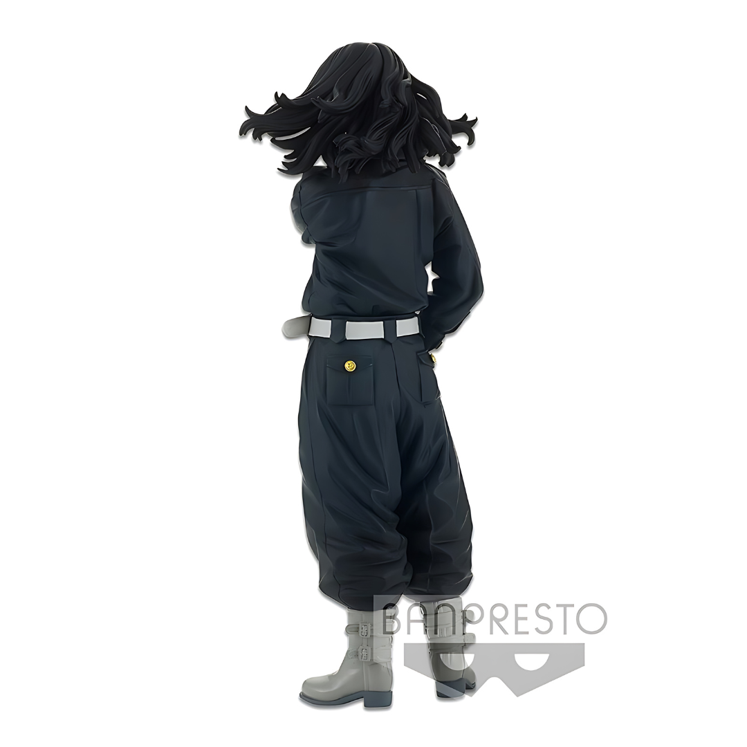 Back view of Keisuke Baji figure with long flowing hair and hand pose.