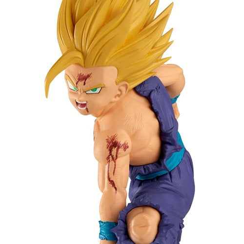 Close-up highlighting Gohan’s determined expression and battle-worn attire.