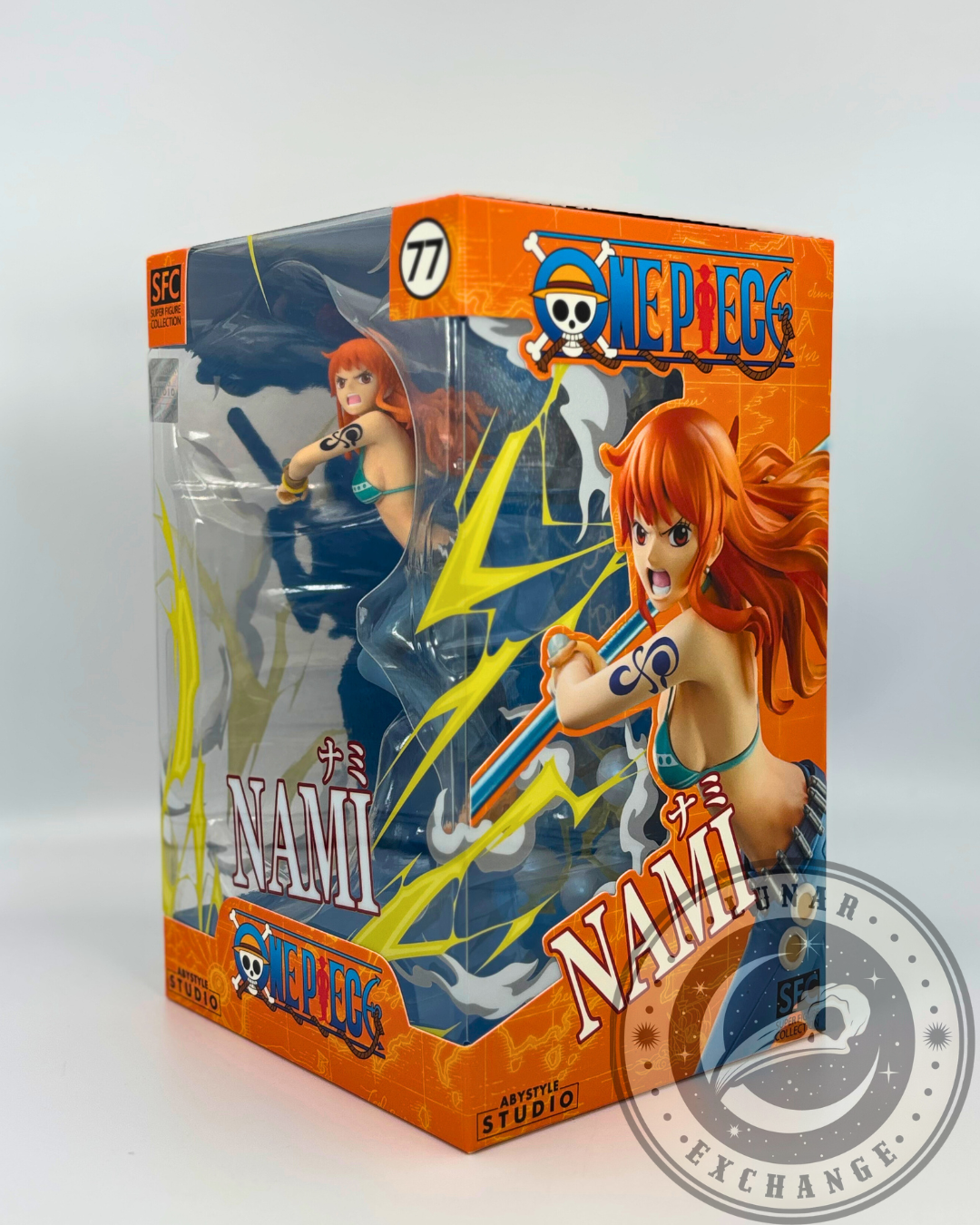 Angled front-left view of the Nami figure box showing the window display and side panel artwork with ABYstyle Studio and SFC logos.