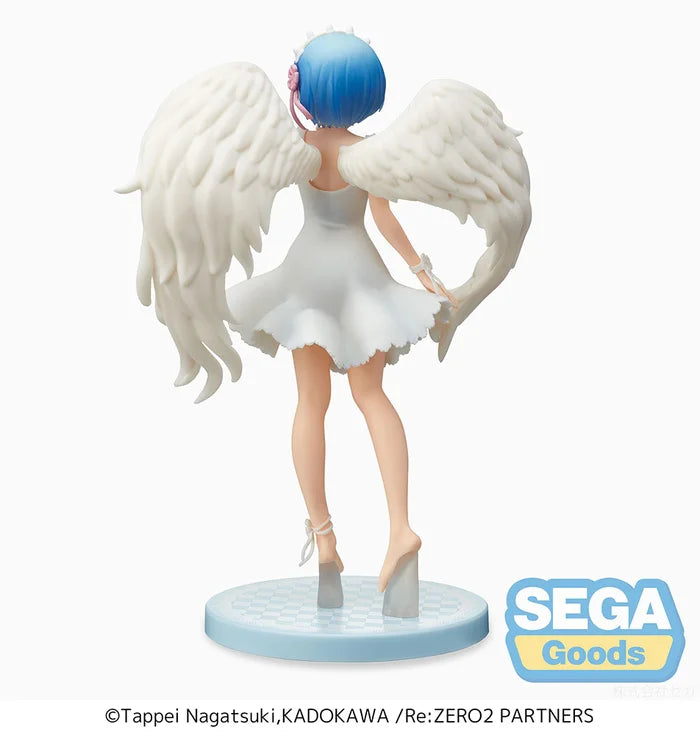 Back view showcasing sculpted angel wings and flowing hair.