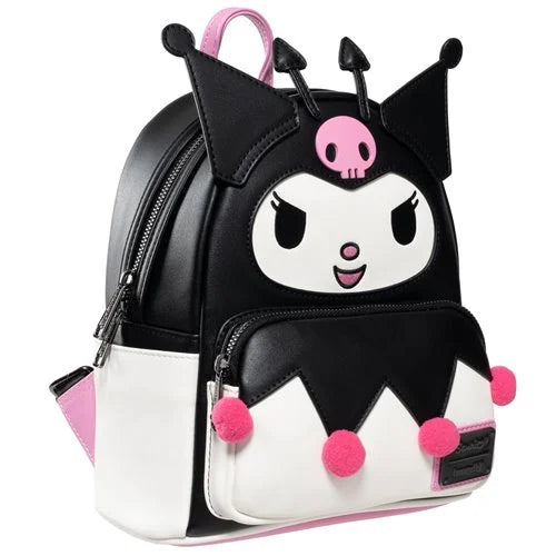 Angled shot showcasing Kuromi's 3D devil ears and bright pink pom-pom trim on the front pocket.