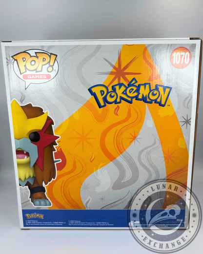 Back of the Entei Funko Pop! packaging featuring the Pokémon logo, stylized flame background, and illustration of the Entei figure.
