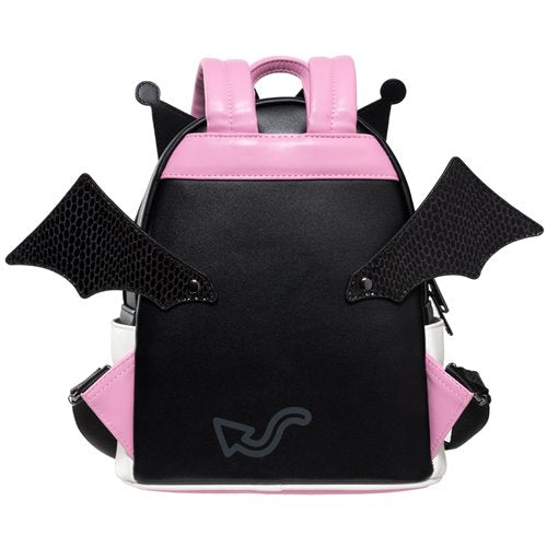 Rear view of the backpack featuring removable black devil wings and pink top handle.