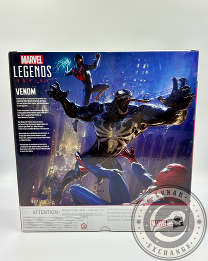 Rear of Marvel Legends Spider-Man 2 Venom box featuring action-packed cityscape artwork with Spider-Men and Venom.