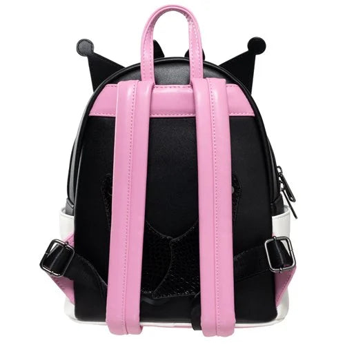 Rear view showing pink padded shoulder straps and black panel with subtle textured accents.