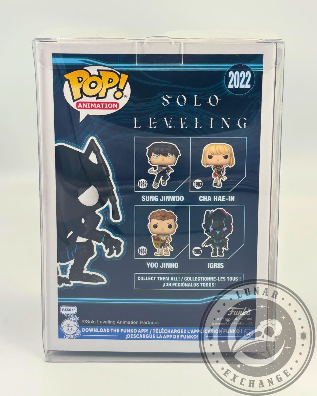 Rear view of the Funko Pop! box showing Beru and other Solo Leveling characters: Sung Jinwoo, Cha Hae-In, Yoo JinHo, and Igris.