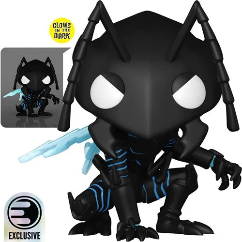 Official product render of the Beru Funko Pop! vinyl figure from Solo Leveling, featuring glow-in-the-dark blue accents and standing in a crouched pose.