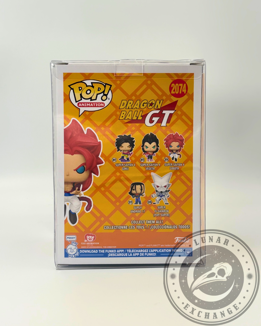 Back of the Funko Pop! Animation #2074 box featuring Super Saiyan 4 Gogeta alongside other Dragon Ball GT characters in the set: SSJ4 Goku, SSJ4 Vegeta, Super Android 17, and Yi-Shinron.