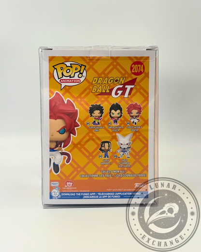 Back of the Funko Pop! Animation #2074 box featuring Super Saiyan 4 Gogeta alongside other Dragon Ball GT characters in the set: SSJ4 Goku, SSJ4 Vegeta, Super Android 17, and Yi-Shinron.