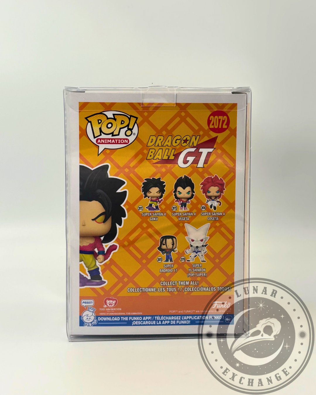 Rear box art of Super Saiyan 4 Goku Funko Pop! #2072 displaying other characters from the Dragon Ball GT series including Vegeta, Gogeta, Android 17, and Yi-Shinron.