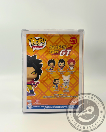 Rear box art of Super Saiyan 4 Goku Funko Pop! #2072 displaying other characters from the Dragon Ball GT series including Vegeta, Gogeta, Android 17, and Yi-Shinron.