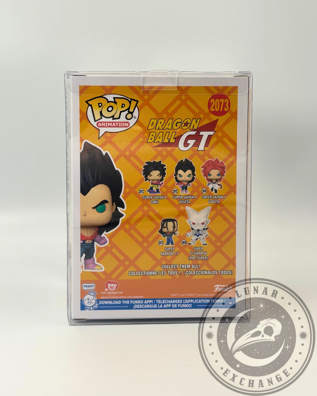 Back of the Funko Pop! #2073 box featuring Super Saiyan 4 Vegeta and the rest of the Dragon Ball GT wave including SSJ4 Goku, SSJ4 Gogeta, Android 17, and Yi-Shinron.