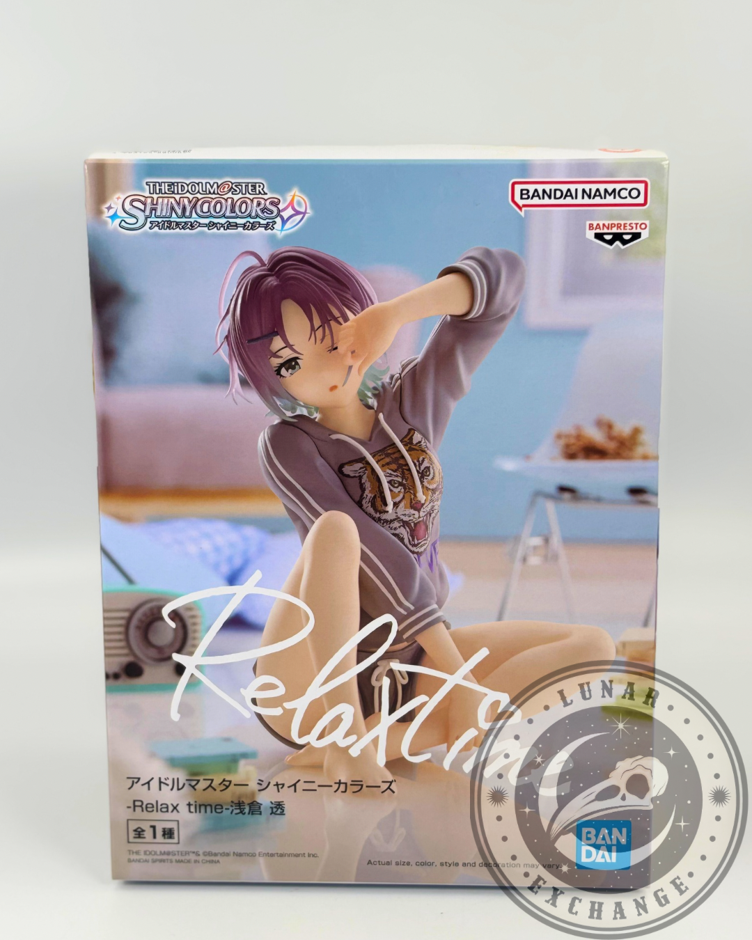 Product box front showing Asakawa Touko figure image, “Relax Time” branding, and Bandai Namco logos.