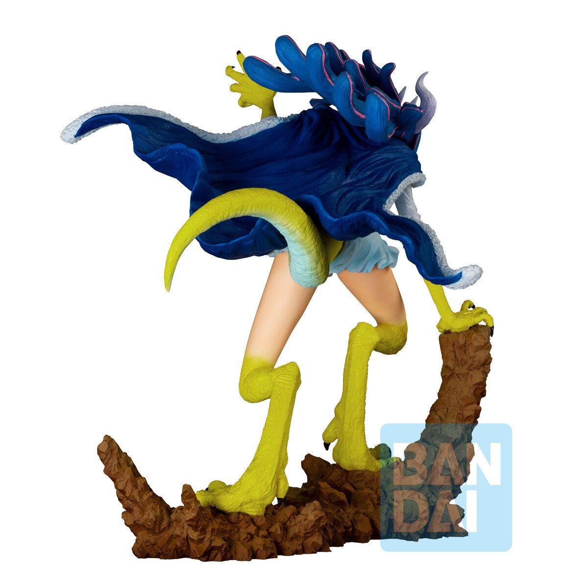 Rear view displaying the figure’s sculpted features and stand.