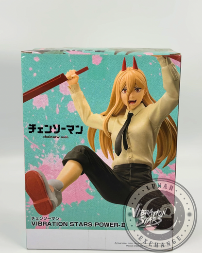 Back of the Power figure box with a close-up of the sculpt and vibrant background, showcasing the Chainsaw Man logo and Banpresto branding.