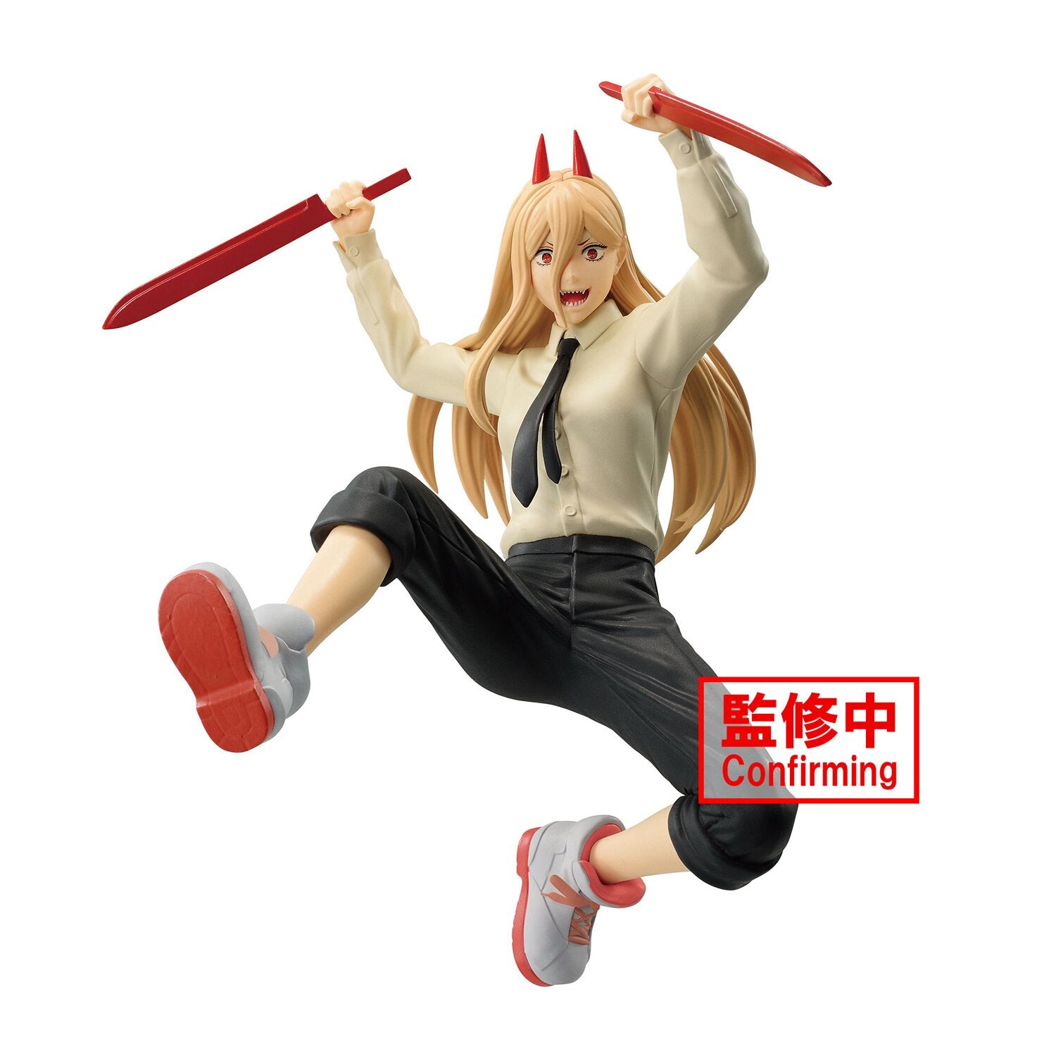 Dynamic prototype image of Power from Chainsaw Man holding red blood weapons in a mid-air action pose.