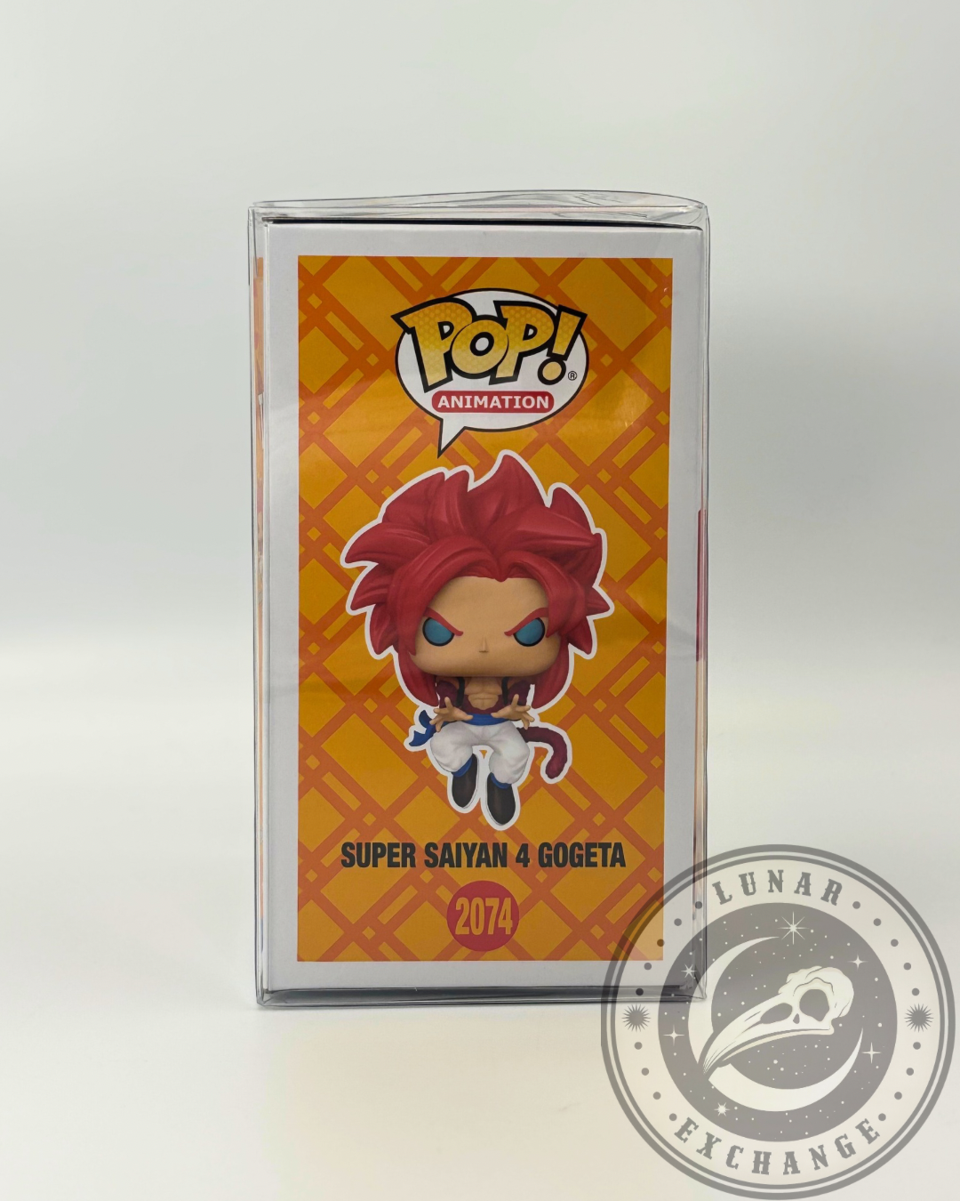 Right-side view of the SSJ4 Gogeta Funko Pop! #2074 box with full character artwork and stylized orange Dragon Ball GT background.