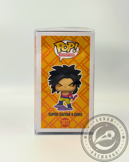 Right side of the SSJ4 Goku Funko Pop! #2072 box with character art and bright orange background, emphasizing the design and number.