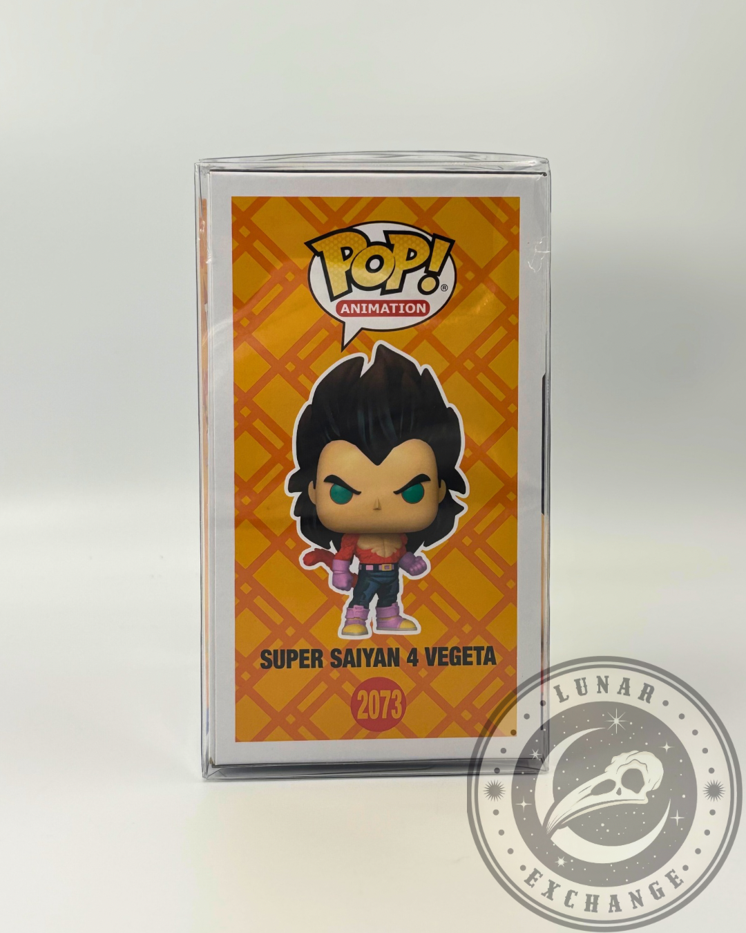 Right-side panel of the Funko Pop! Super Saiyan 4 Vegeta #2073 box showing artwork of the figure with the series logo and character name.