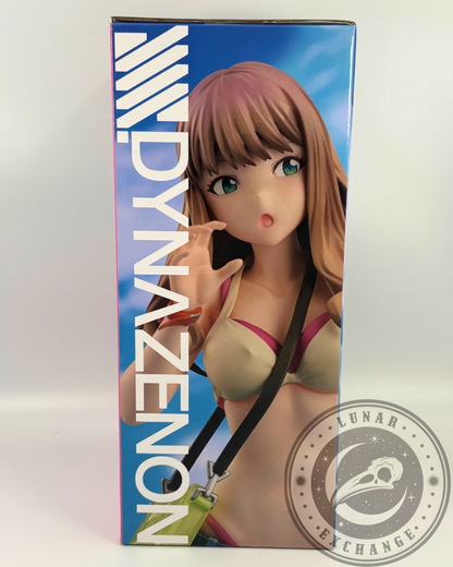 Front-right view of the DYNAZENON Minami Yume anime figure box, highlighting her swimsuit and colorful packaging design.