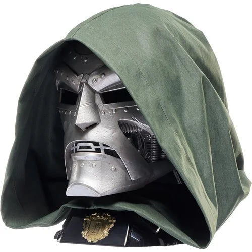 Angled front view of the Marvel Legends Gamerverse Doctor Doom helmet with green hood attached.