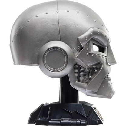 Left profile of the Doctor Doom helmet replica on display stand, no hood.