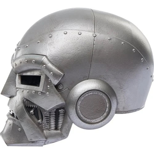 Right side profile of the Gamerverse Doctor Doom roleplay helmet showing rivets and ear detailing.