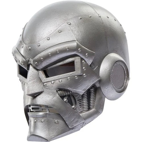 Detailed angled view of the metallic Doctor Doom helmet with exposed mechanical design.