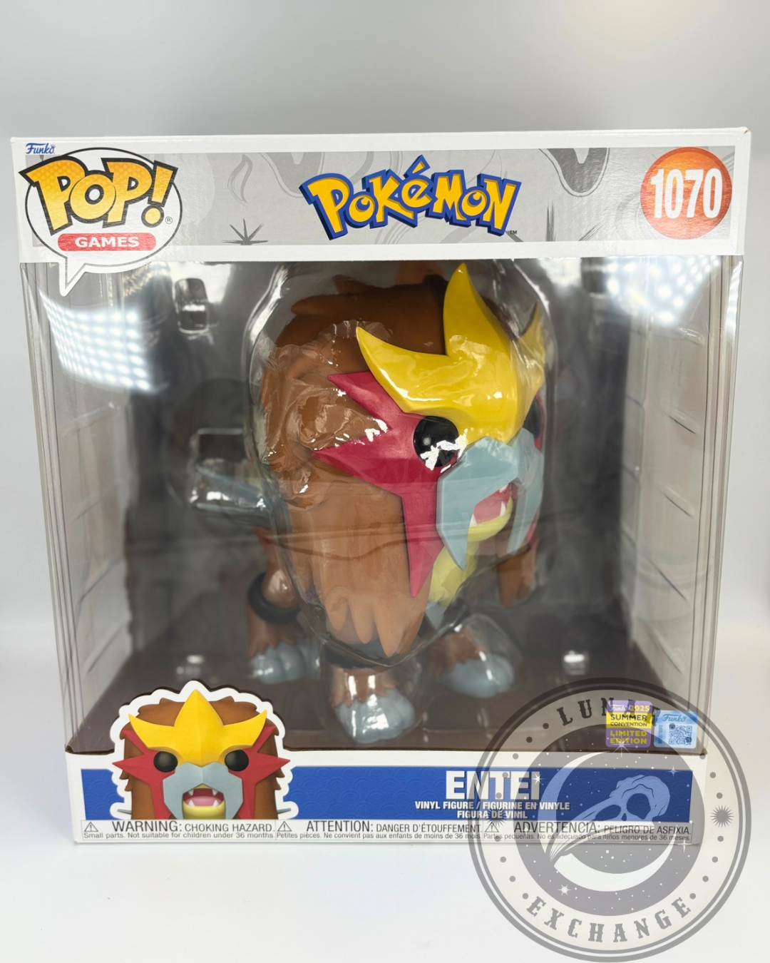Front of the Funko Pop! Pokémon Entei Jumbo 10″ Vinyl Figure #1070 in original packaging, showing the SDCC 2025 Summer Convention Limited Edition sticker and detailed box art.
