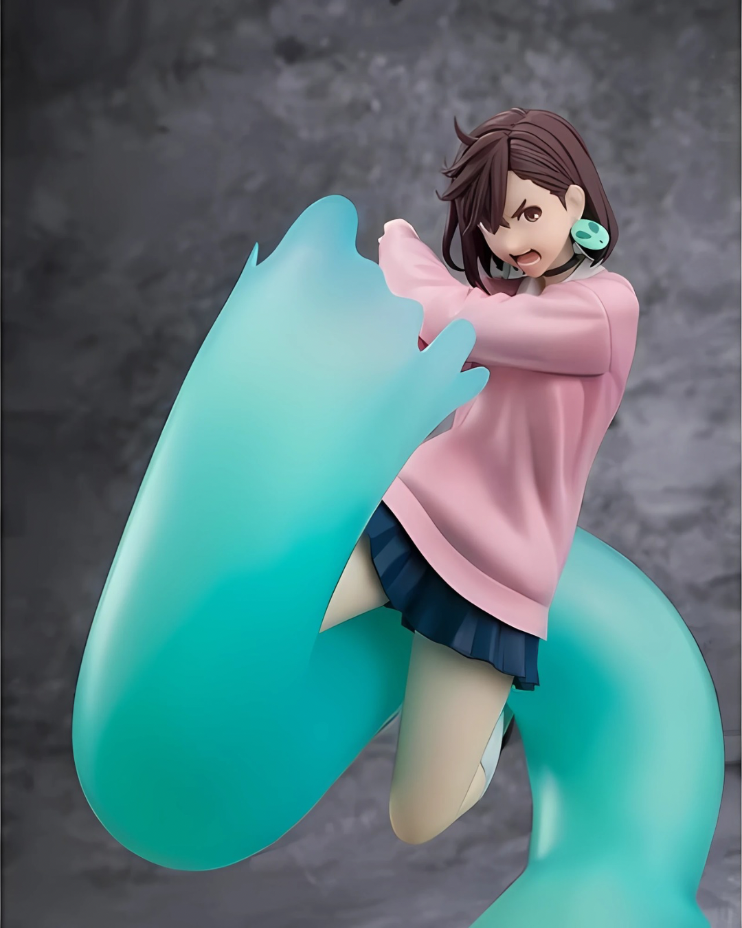 Forward-facing pose of Momo Ayase in action stance with teal specter arm raised for attack.