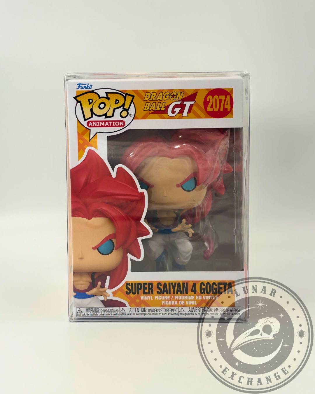 Front-facing view of the boxed Super Saiyan 4 Gogeta #2074 Funko Pop! in mint condition, displayed with protective case and vivid character art on the packaging.