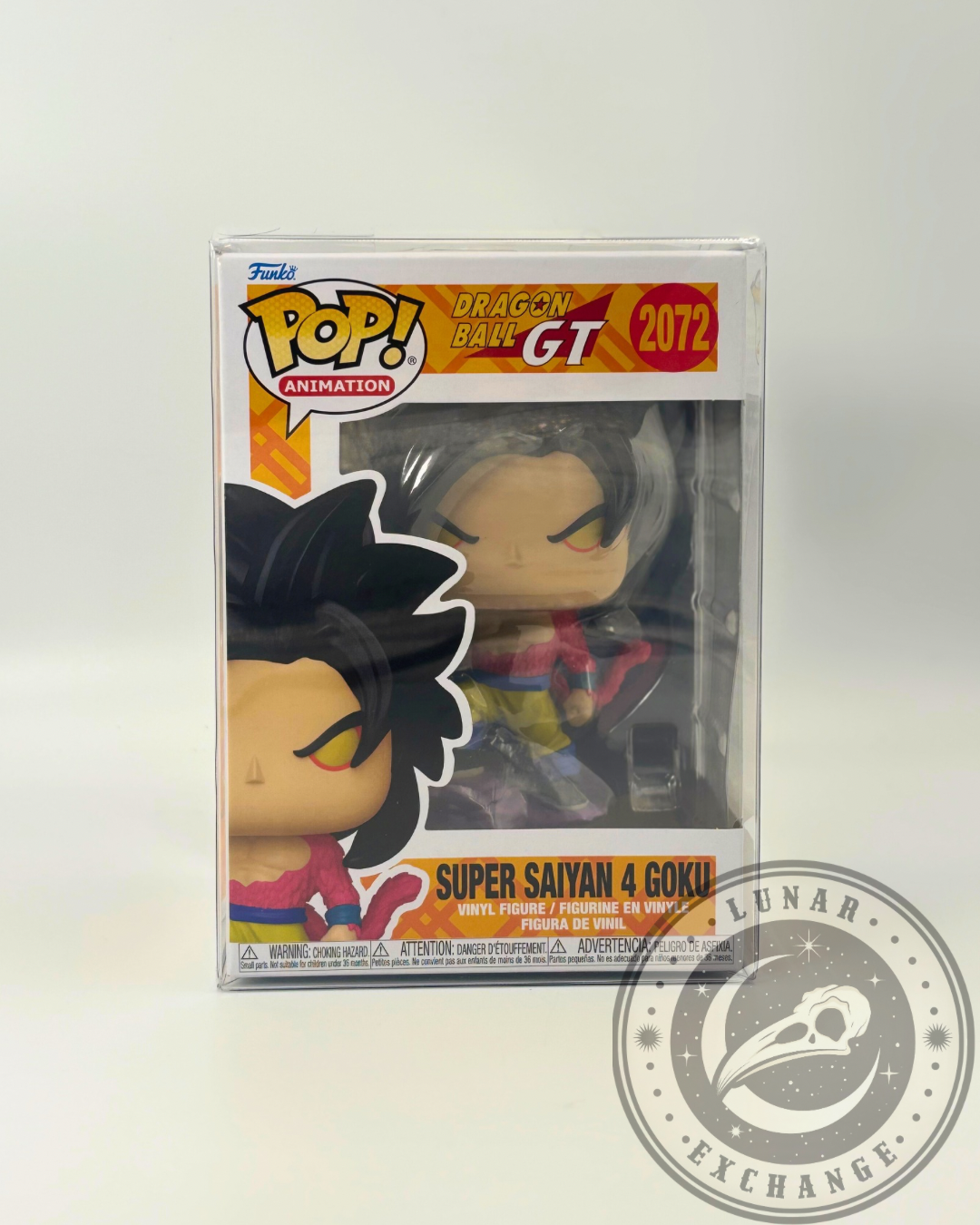 Front-facing image of the Dragon Ball GT Super Saiyan 4 Goku Funko Pop! #2072 in original packaging and protective case, showcasing box art and figure inside.