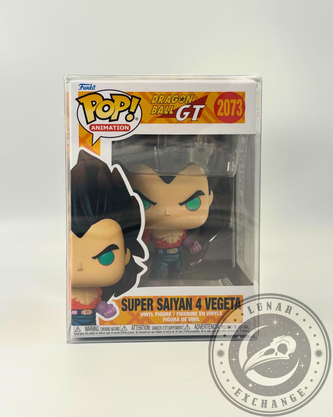Front-facing view of the Dragon Ball GT Super Saiyan 4 Vegeta Funko Pop! #2073 inside its original packaging and box protector, showing box art and figure.