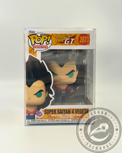 Front-facing view of the Dragon Ball GT Super Saiyan 4 Vegeta Funko Pop! #2073 inside its original packaging and box protector, showing box art and figure.