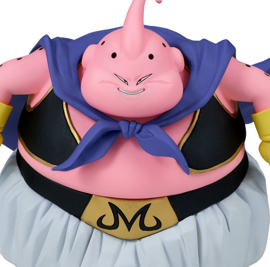 Close-up of Majin Buu statue highlighting sculpted expression and muscular detail.